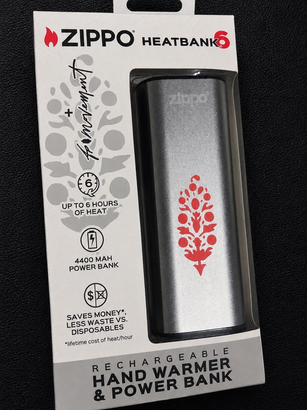 FP Movement by Free People Silver Hand Warmer & Power Bank with Red Floral Motif